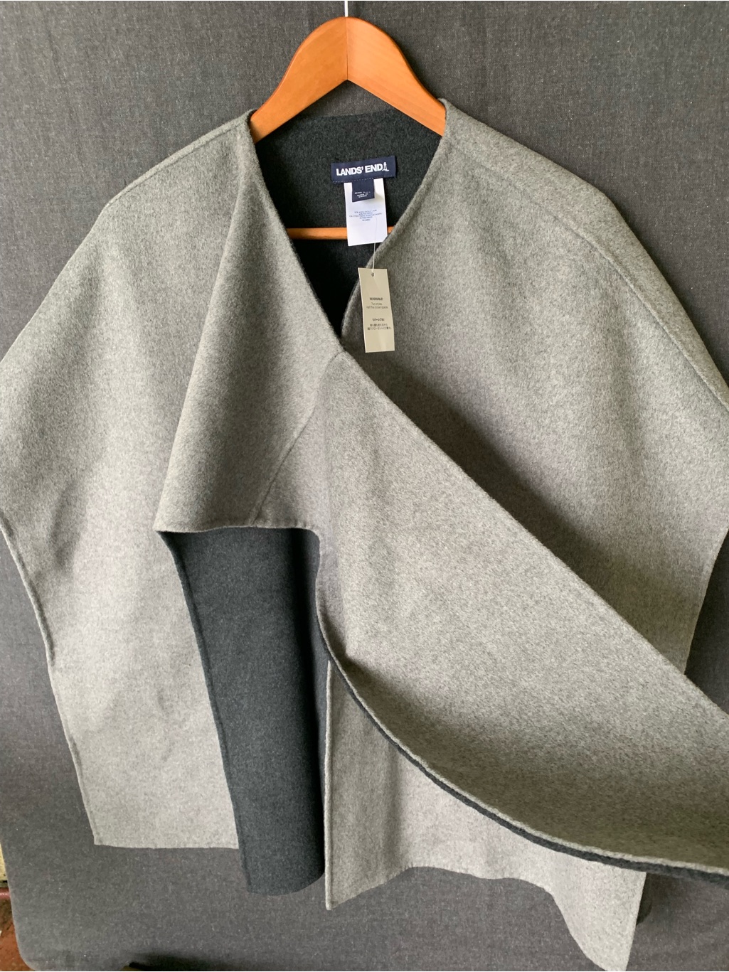 Lands' End Reversible Wool Blend Cape Wrap Coat Gray Charcoal